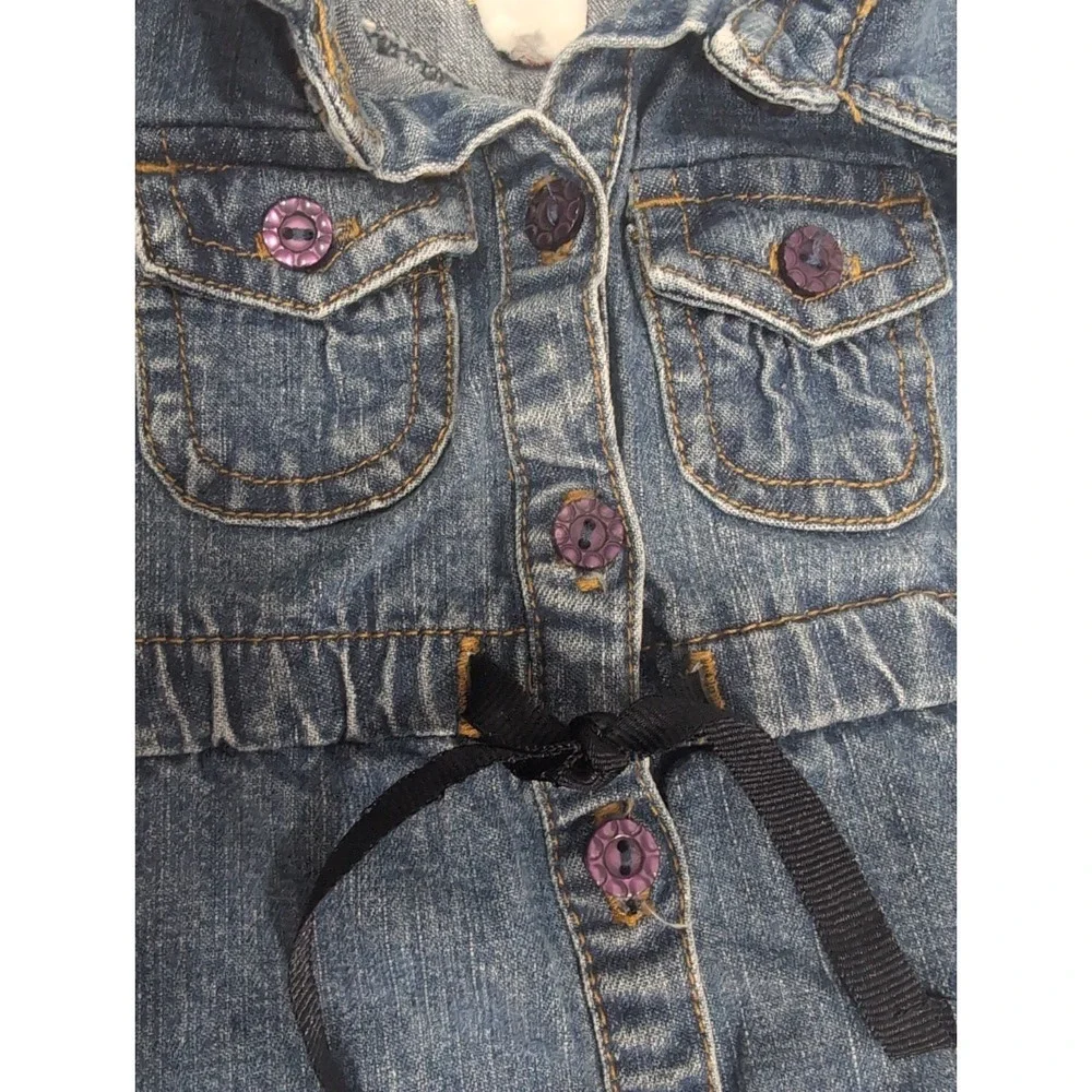 Vintage Y2K Girls Size 12 Mths Denim Blue Jumper Dress Ladybug Floral Embroidery
